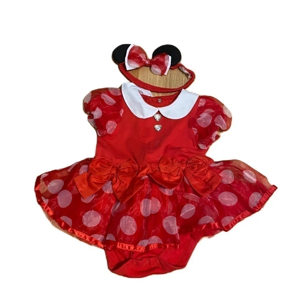 Disney Minnie Mouse Body Suit Costume 12-18 mos W/ Ears Headband Dress Red